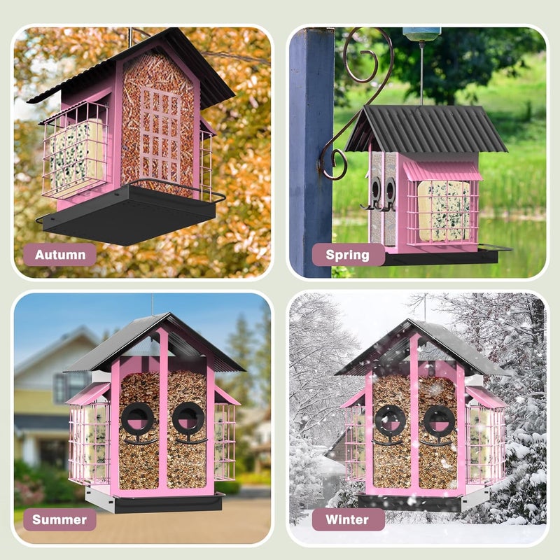 FlowaFoli Bird Feeders for Outdoors, Metal Bird Feeder with Double Suet Cage Weatherproof Metal Roof, 2 in 1 Mixed Seeds Suet Feeder, 4Lbs Large Capacity, Great for Finch、Cardinal、Chickadee（Pink） - Image 4